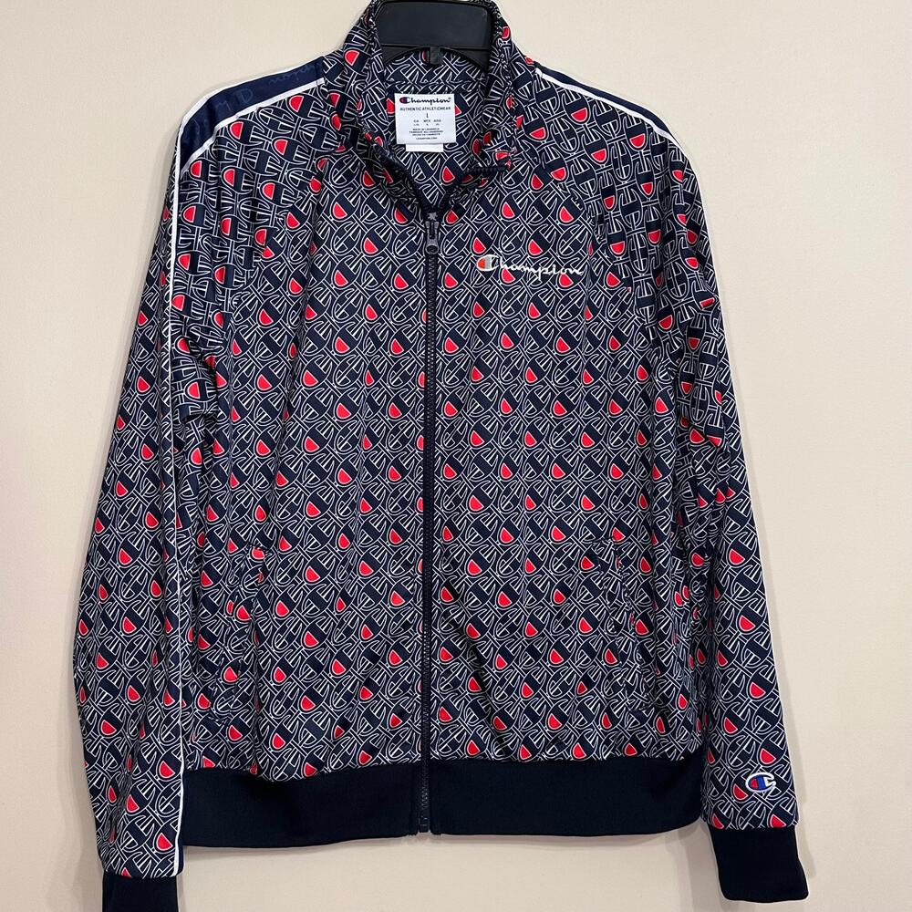 Champion All Over Logo Print Track Jacket Large Streetwear Zip Up Navy